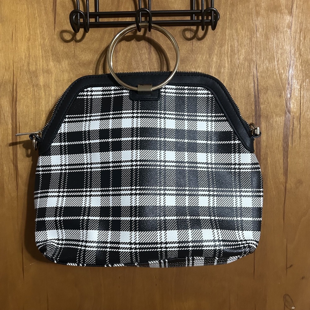 Iman Black White Houndstooth Mini Handbag Purse with‎ Gold  Accent